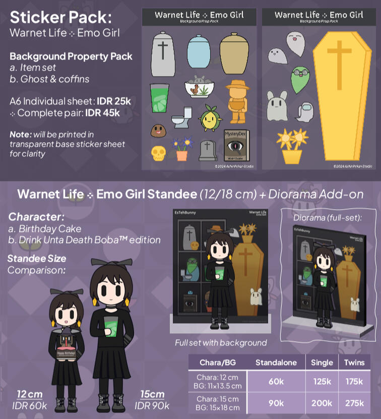 Warnet Life: Emo Girl Series!(β ) Sticker Pack (A6): IDR 25k (singles)/IDR 45k (complete) Standee: IDR 60k (character only)/IDR 125k (chara + background A6)