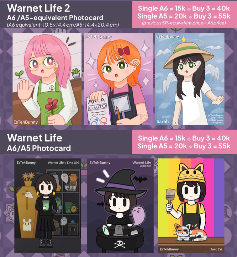 Warnet Life 1/2 Photocard: Medium (A6) + Large (A5)(*β ) Medium (A6): IDR 15k/IDR 40k for 3 pcs β’ Large (A5): IDR 20k/IDR 55k for 3 pcs