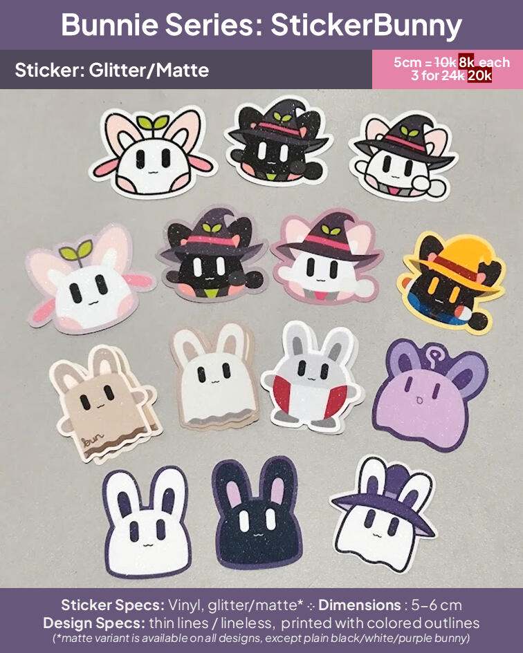 Thin lines &amp; Lineless Bunnies: 5cm, Glitter/Matte + colored outlines (1 for IDR 8k • 3 for IDR 20k)