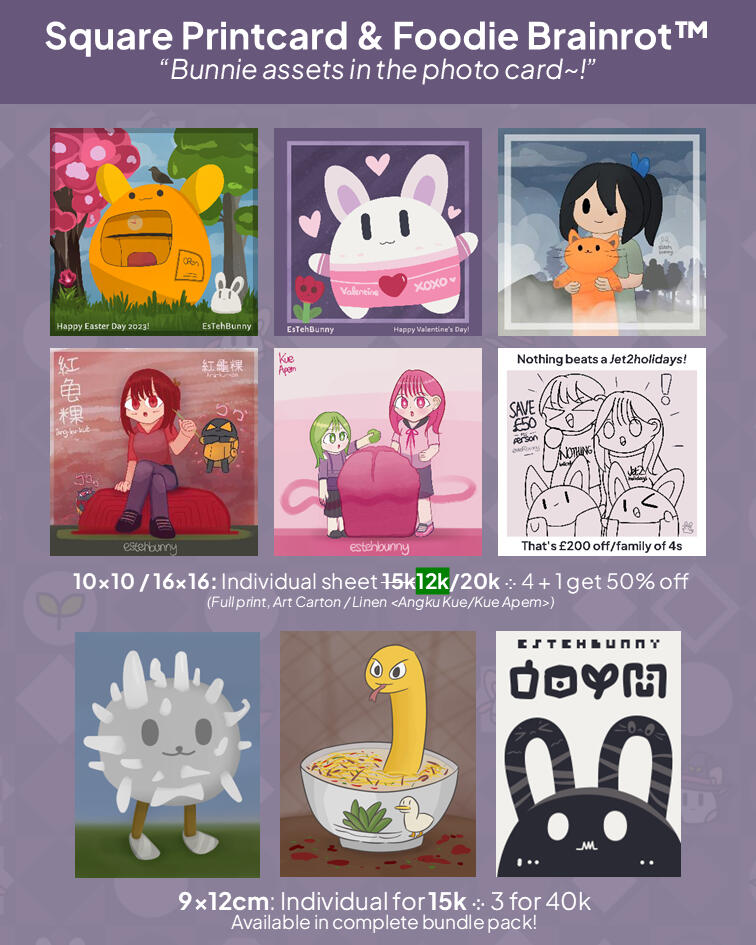 Square Photocard: Bunnie stuffies &amp; food series! (10x10 cm box: IDR 12k • 16x16 cm box: IDR 20k) ‹Linen: Angku Kue/Kue Apem • Art Carton: others› Foodie Brainrot™ — Photo Card! (9x12 cm Art Carton: IDR 15k, 3 for IDR 40k)