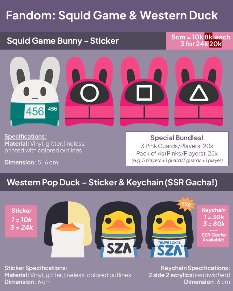 Squid Game Bunny Sticker (5.5cm): (1 for IDR 8k • 3 for IDR 20k • Available in special bundles!) Western Pop Duck: Sticker &amp; Keychain Sticker (6cm): 1 → IDR 8k • 3 → IDR 20k Keychain (6cm): 1 → IDR 30k • 3 → IDR 80k