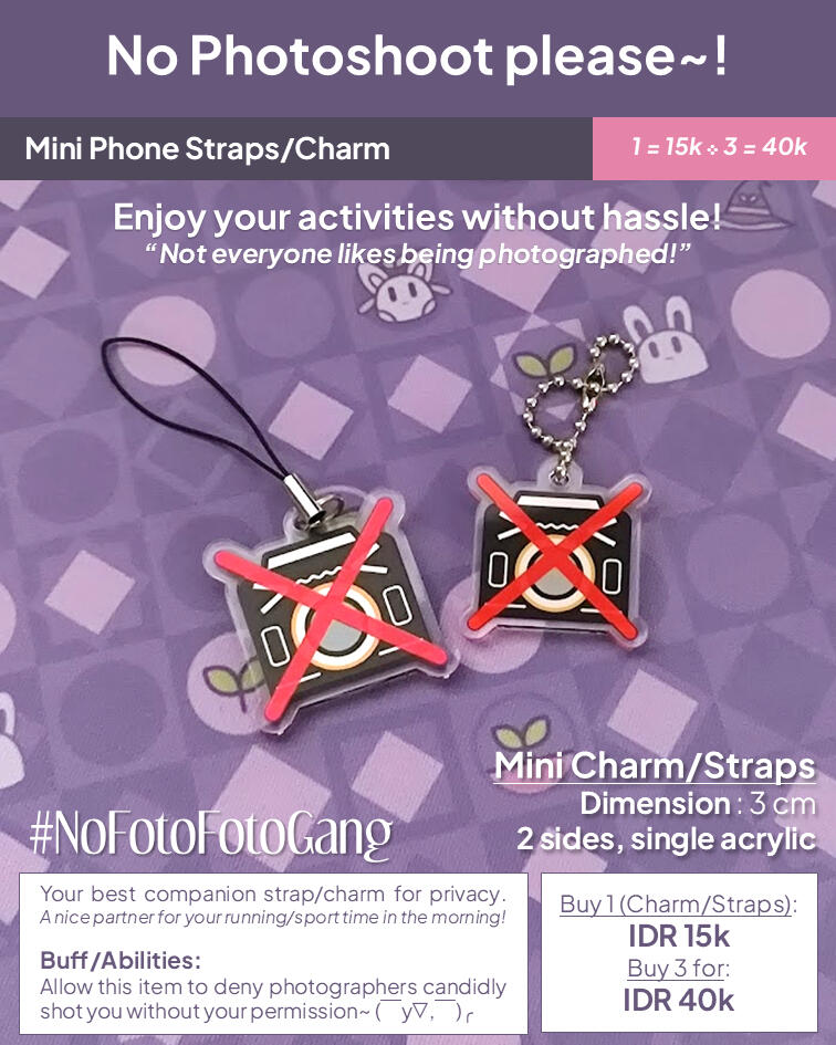 No-camera shot! (Available OTS on CFD Jakarta, see @estehbunny IG story/Threads post!) Your best companion strap/charm to keep away from random shots~! Mini Phone Straps/Charm (3cm): 1 for 15k • Buy 3 for 40k