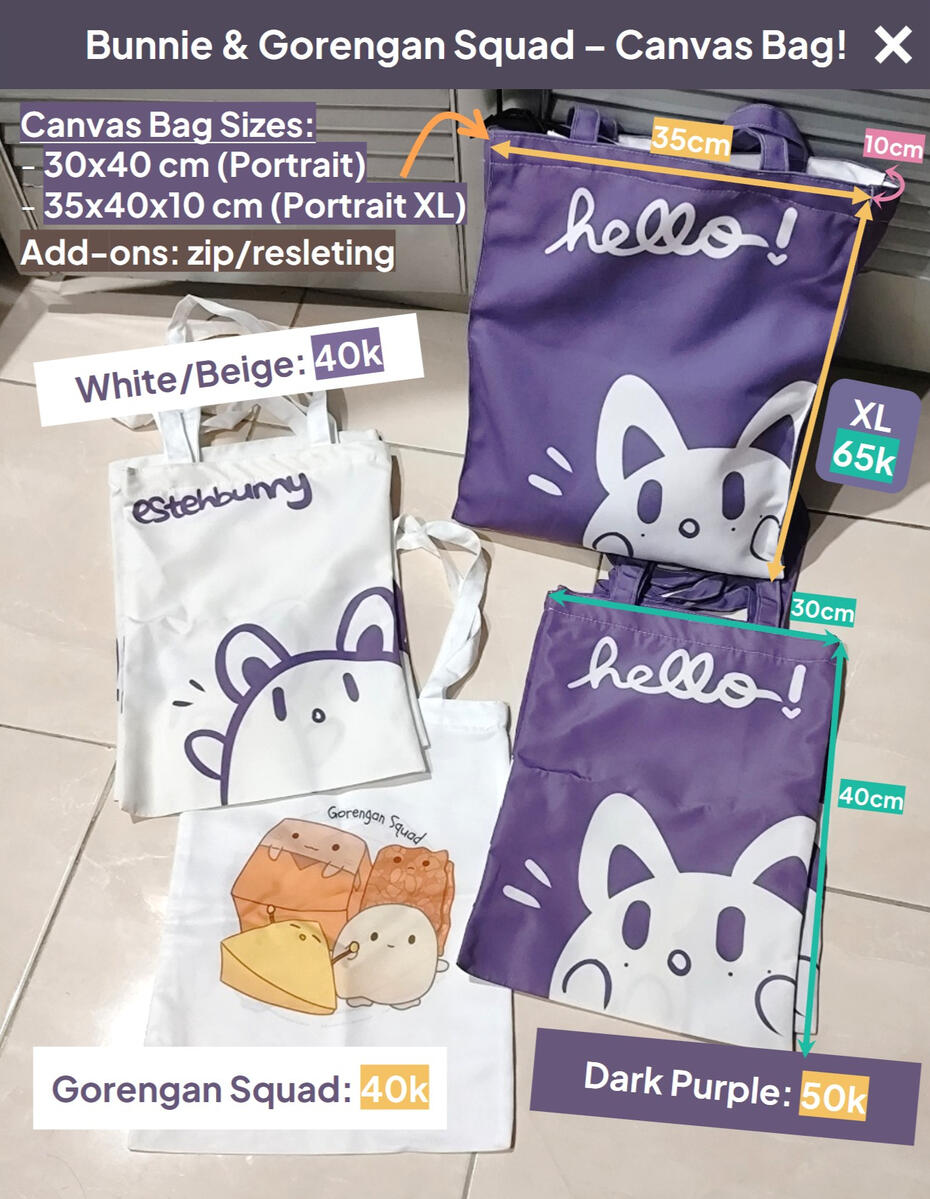 Bunnie Shopping Bag: 40x30 cm with zipper! (White/Beige: IDR 40k β’ Dark Purple: IDR 55k β’ KSS Gorengan Squad IDR 45k)