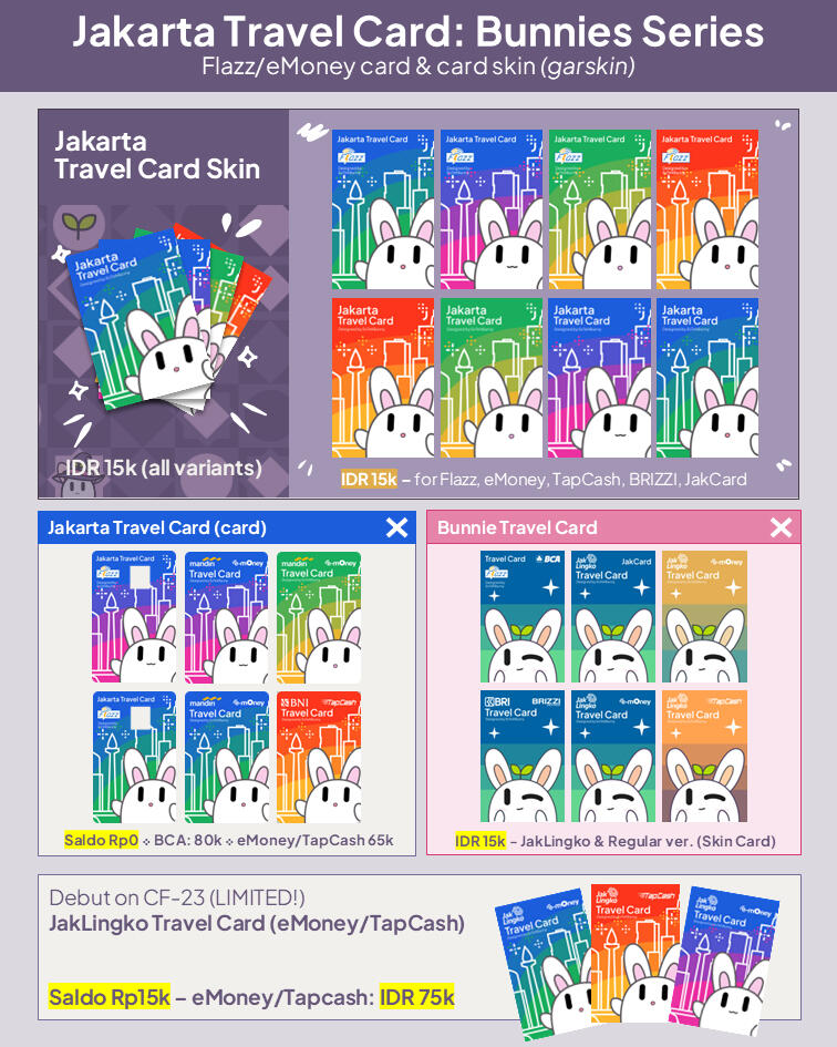JakLingko Travel Card: IDR 75k (Saldo IDR 15k) Regular Travel Card: BCA Flazz (IDR 80k) ⁘ Mandiri eMoney (IDR 65k)