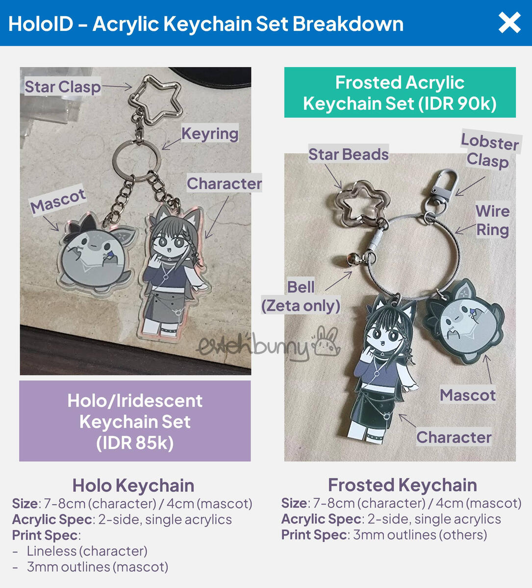 HoloID Chromatic Future: Acrylic Keychain Set Frosted Acrylic Keychain Set: IDR 90k (character + mascot + star beads + clasp + wire keyring) Iridescent/Holo Keychain Set: IDR 85k (character + mascot + star clasp + keyring)