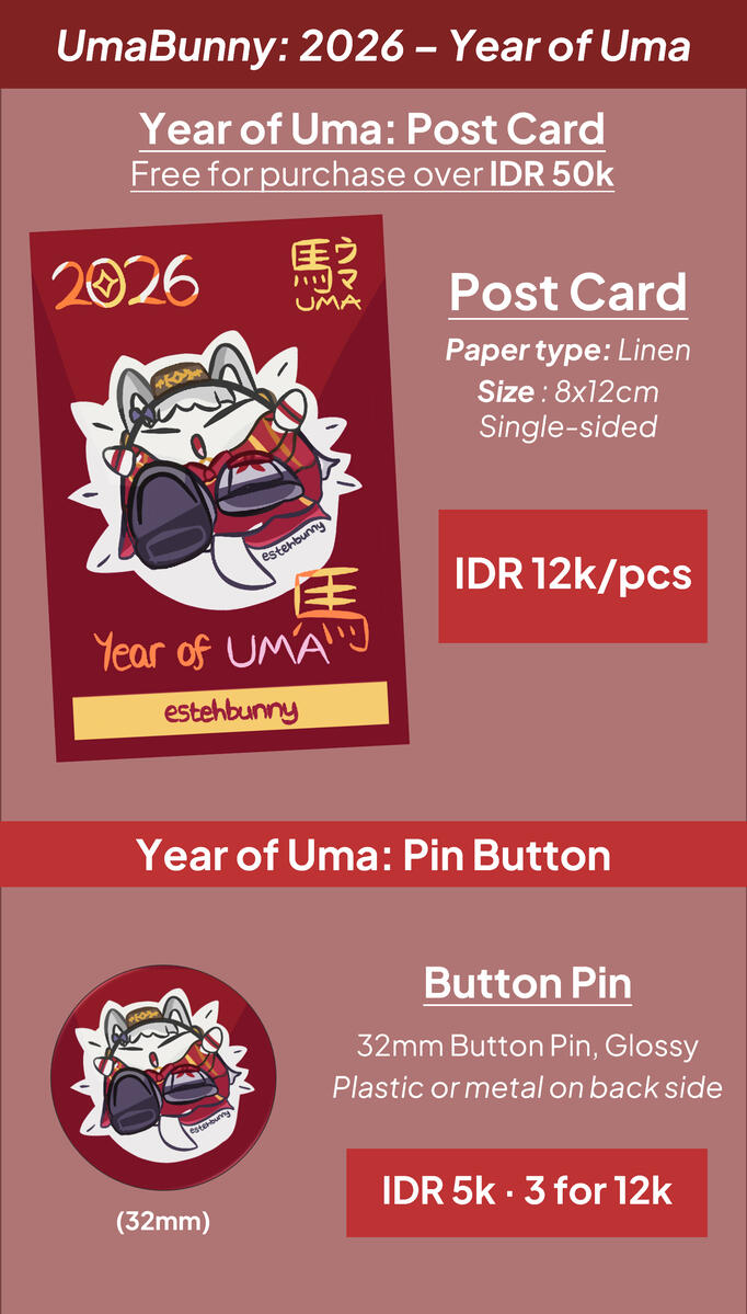 2026 - Year of Uma (starring Gold Ship): Post Card & Pin Button Post Card: IDR 12k/pcs β Button Pin: IDR 5k/pcs, 3 for IDR 12k